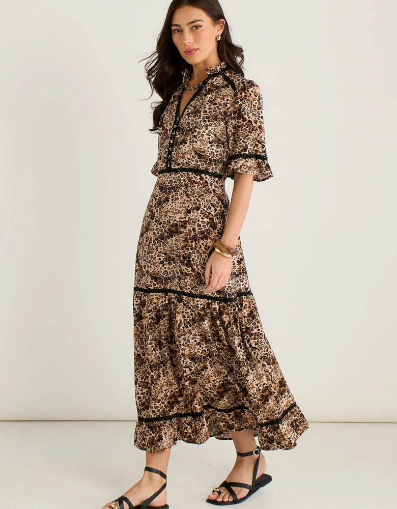 Brown Animal Print Lace Trim Tiered Midi Dress