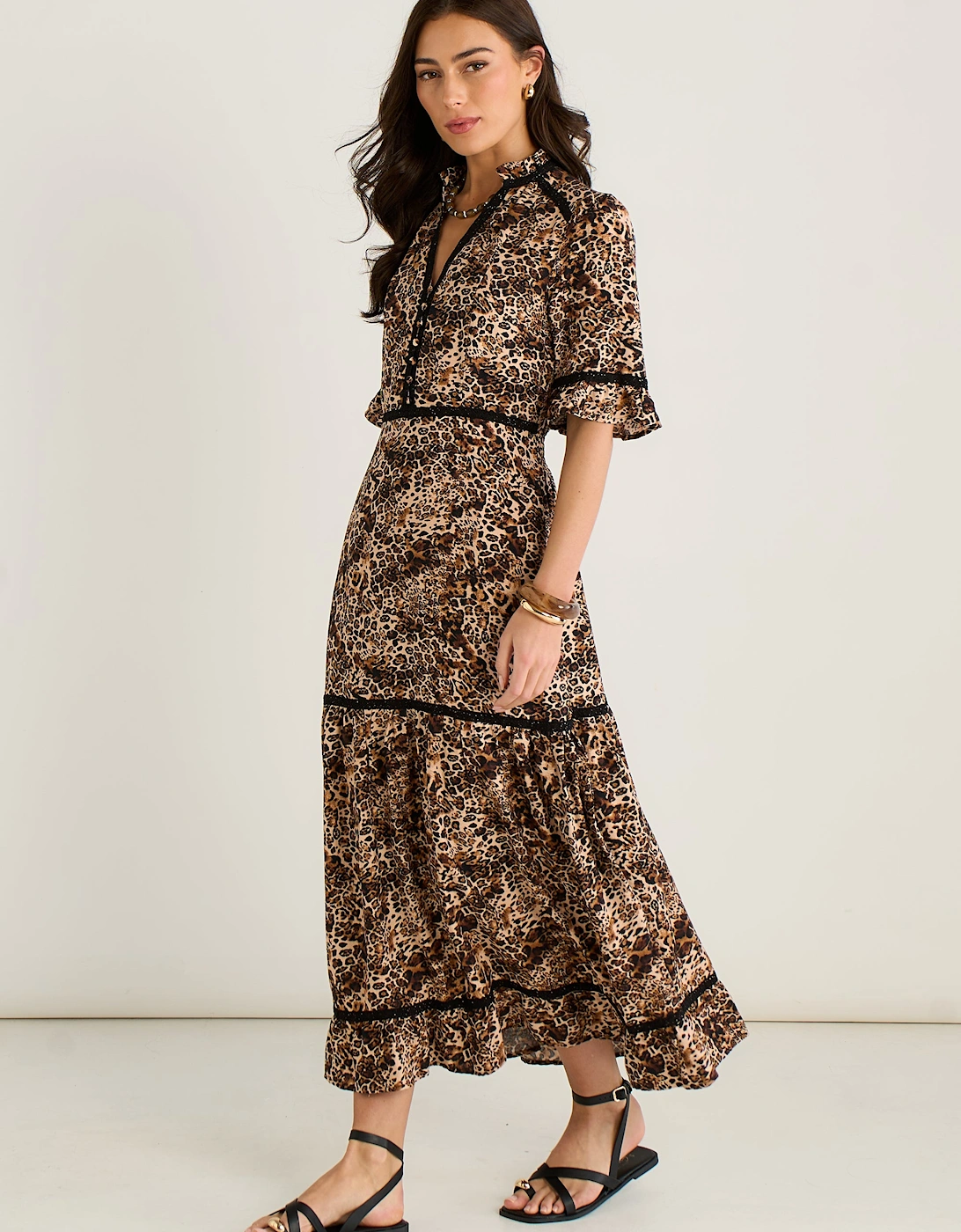 Brown Animal Print Lace Trim Tiered Midi Dress