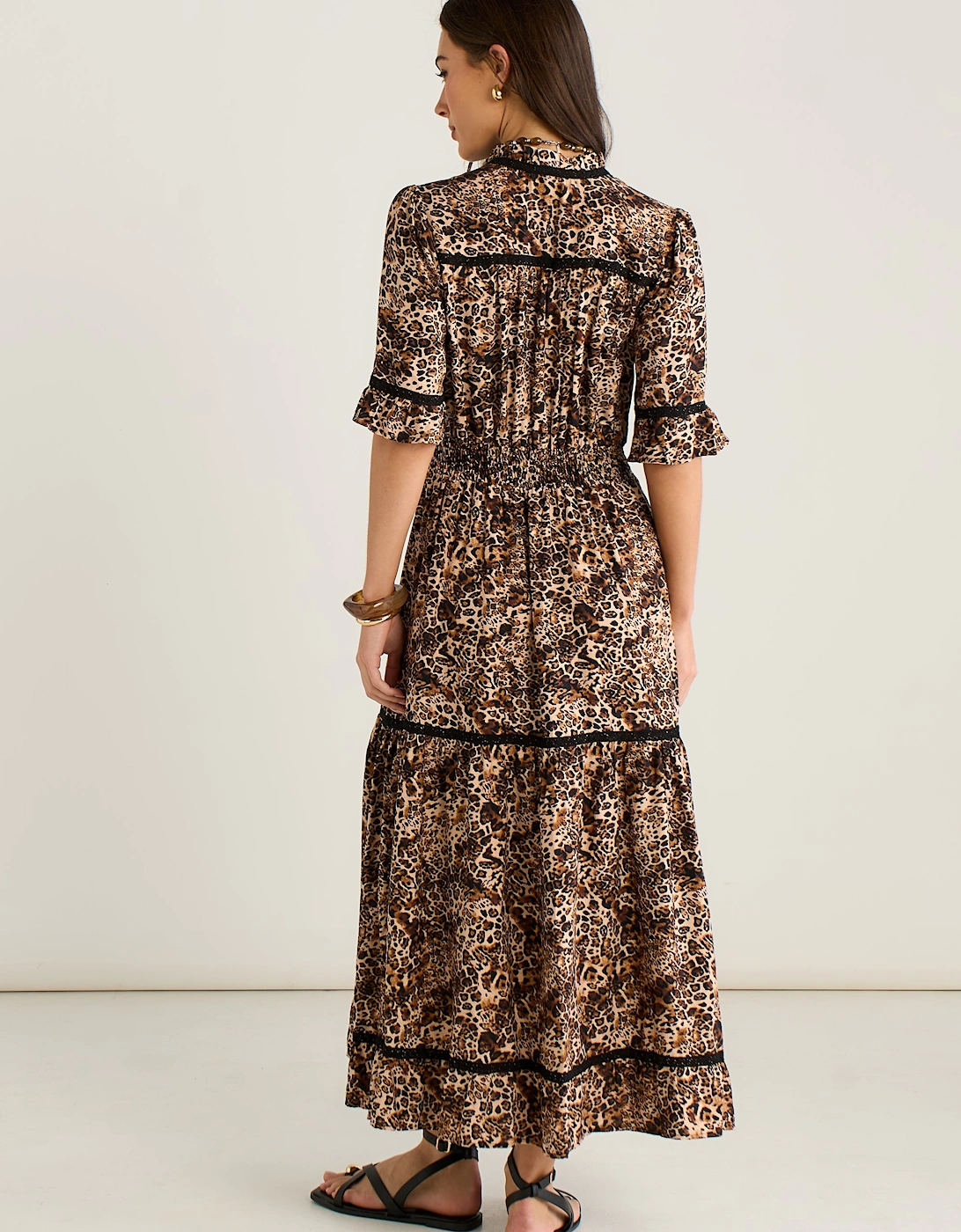 Brown Animal Print Lace Trim Tiered Midi Dress