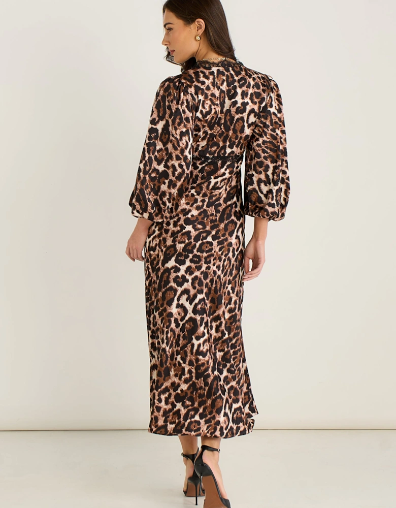 Brown Animal Lace Trim Satin Bias Midi Dress