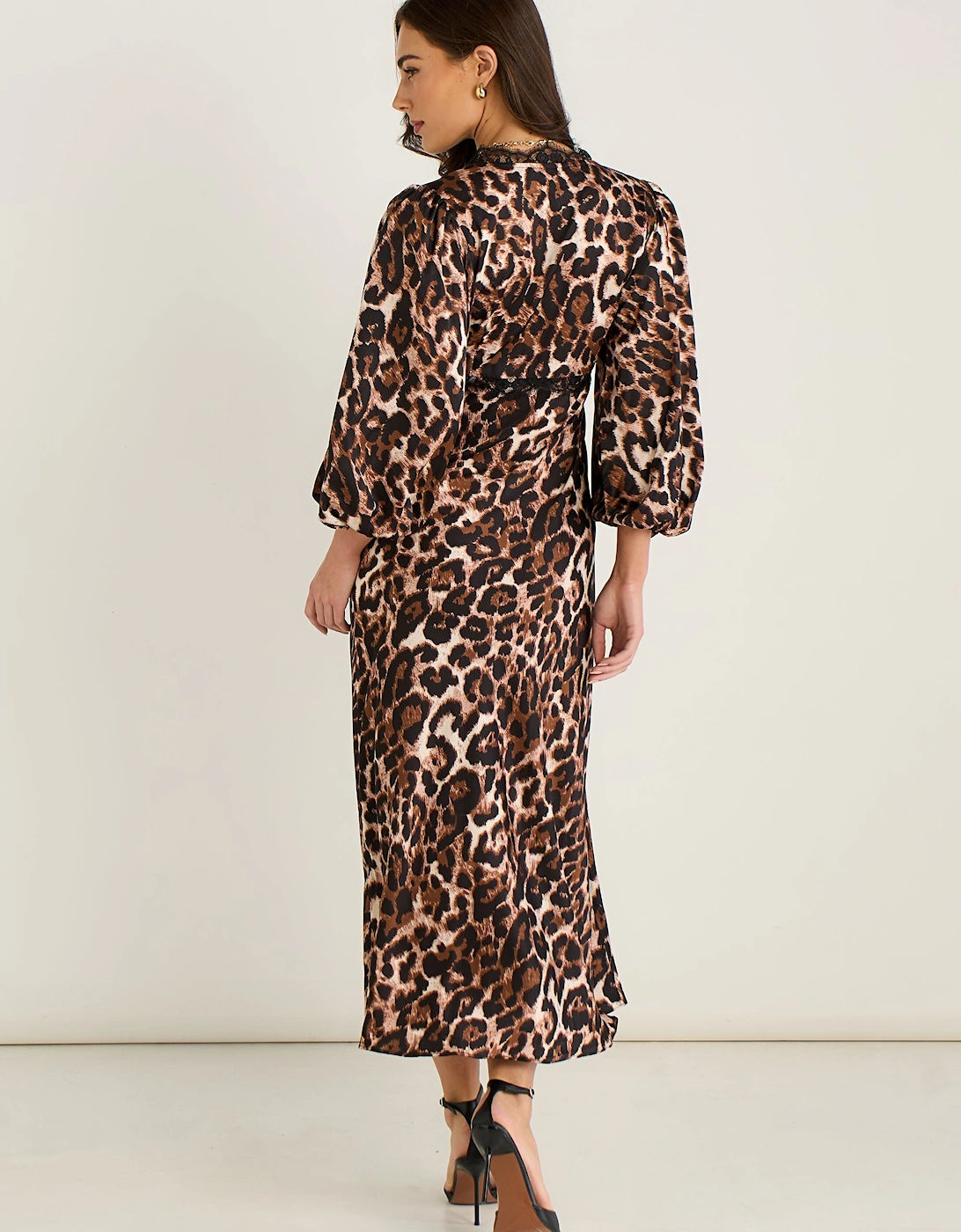 Brown Animal Lace Trim Satin Bias Midi Dress