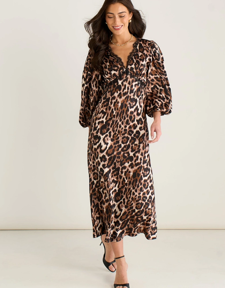Brown Animal Lace Trim Satin Bias Midi Dress