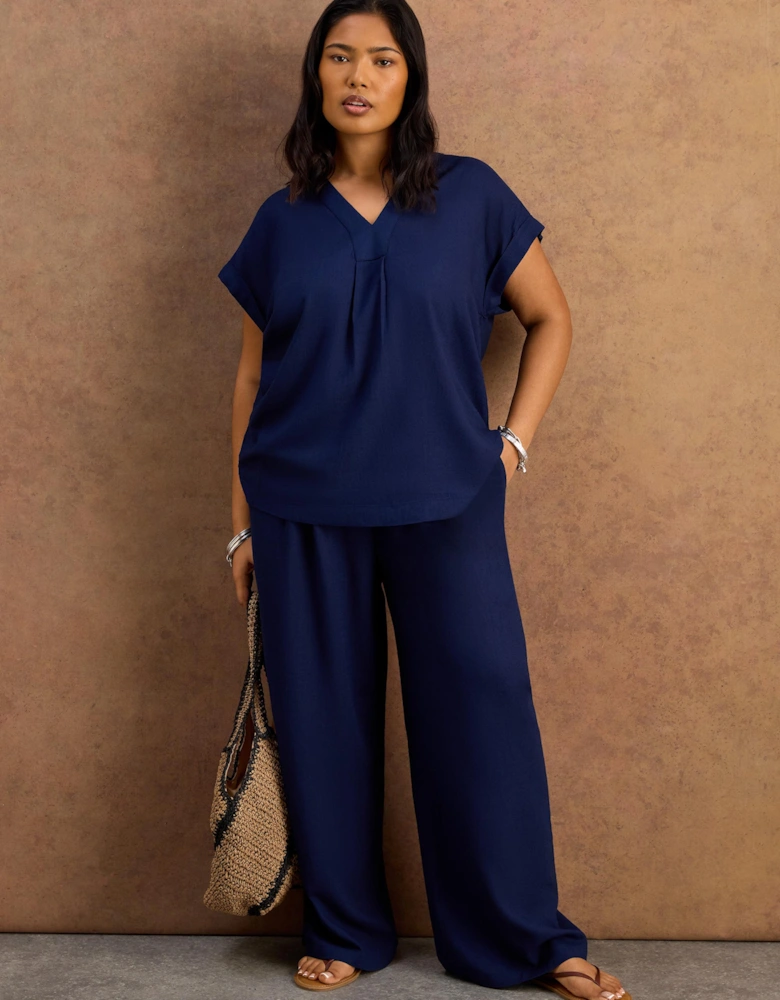 Petite Navy Linen Blend Drawstring Trousers