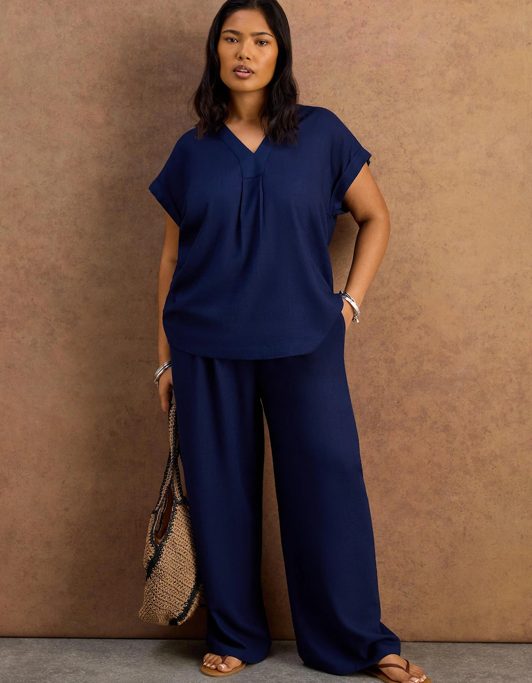 Petite Navy Linen Blend Drawstring Trousers