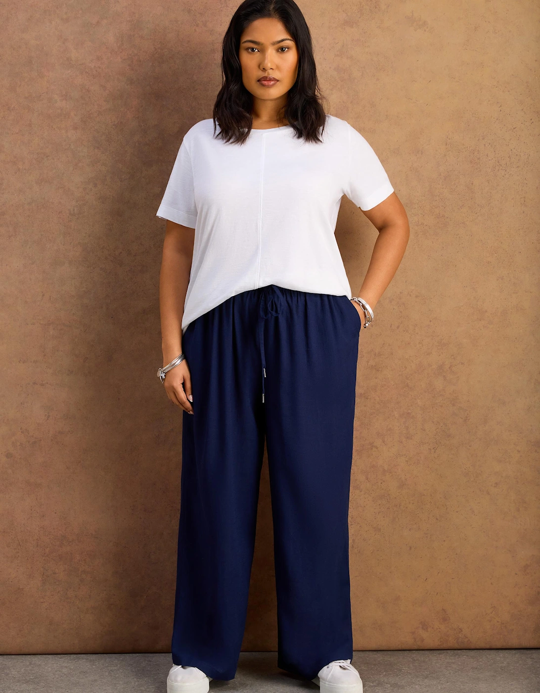 Petite Navy Linen Blend Drawstring Trousers