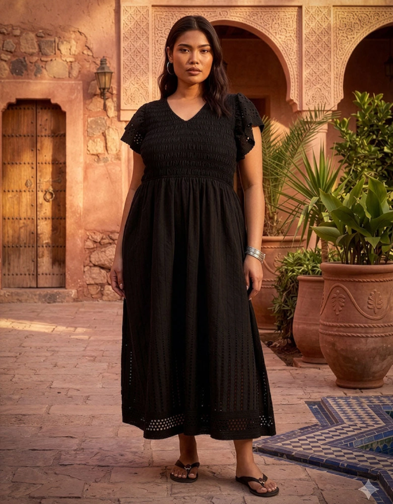 Black Shirred Broderie Cotton Midi Dress