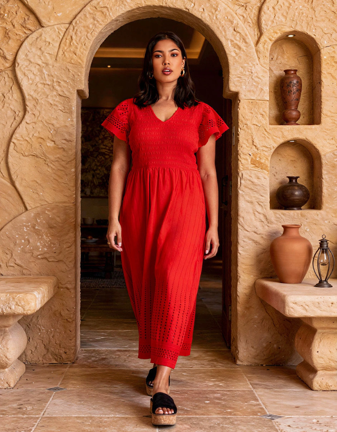 Red Shirred Broderie Cotton Midi Dress, 6 of 5