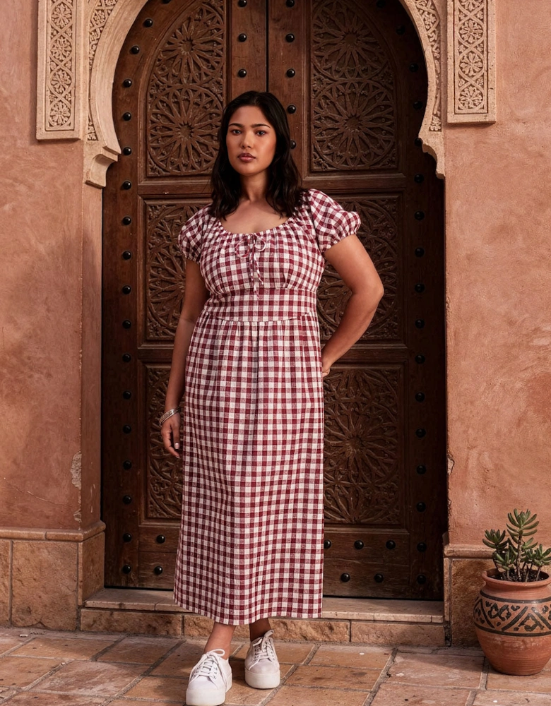 Berry Gingham Linen Blend Puff Sleeve Midaxi Dress