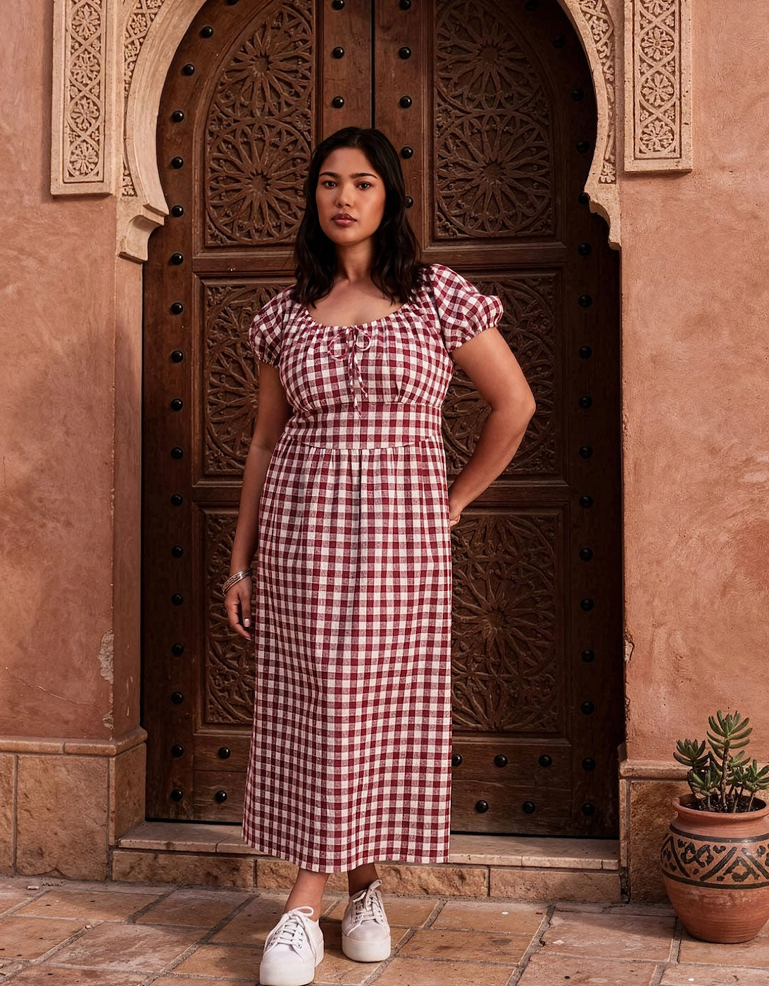 Berry Gingham Linen Blend Puff Sleeve Midaxi Dress