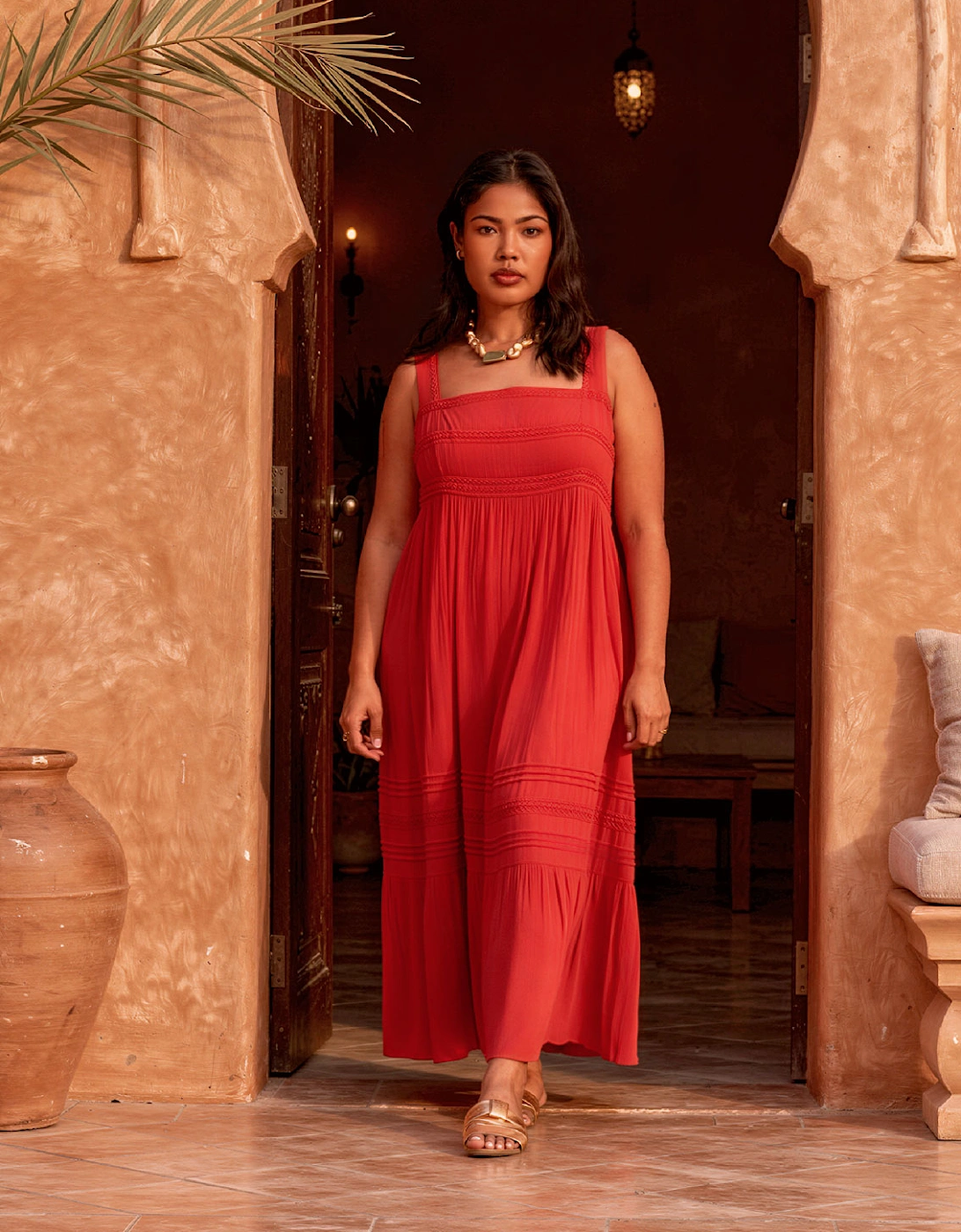 Red Crinkle Pintuck Lace Trim Midaxi Dress