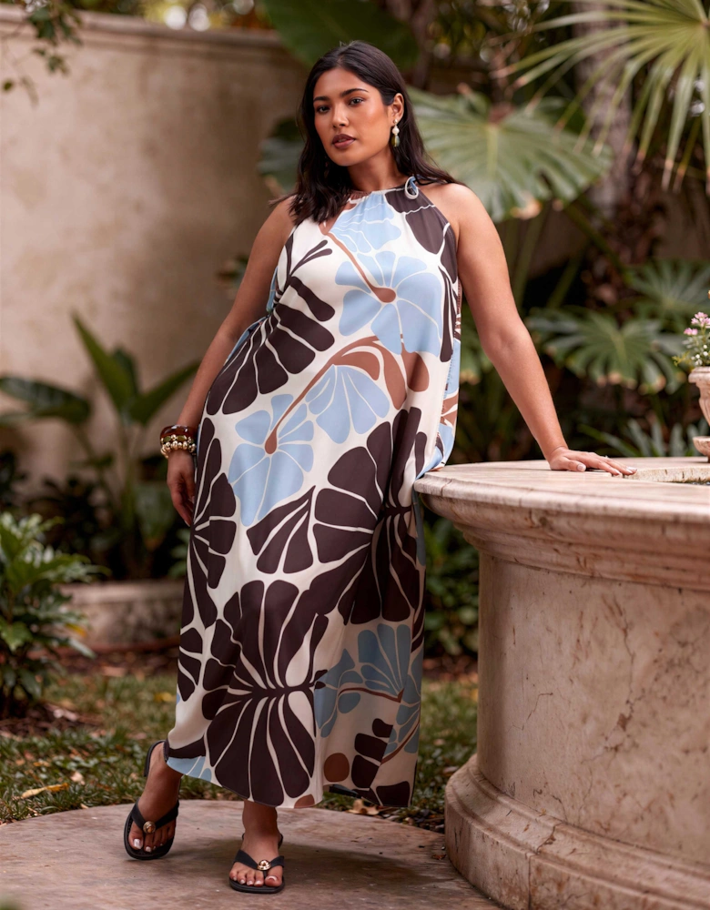 Brown And Blue Floral Print Halter Neck Maxi Dress