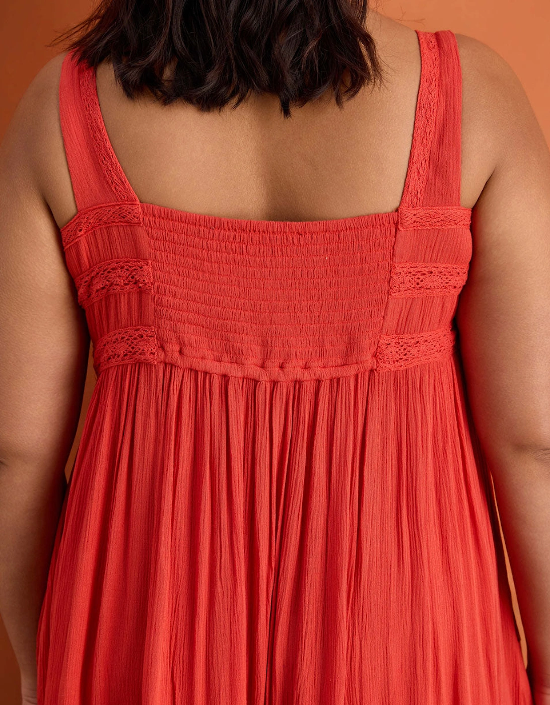 Red Crinkle Pintuck Lace Trim Midaxi Dress
