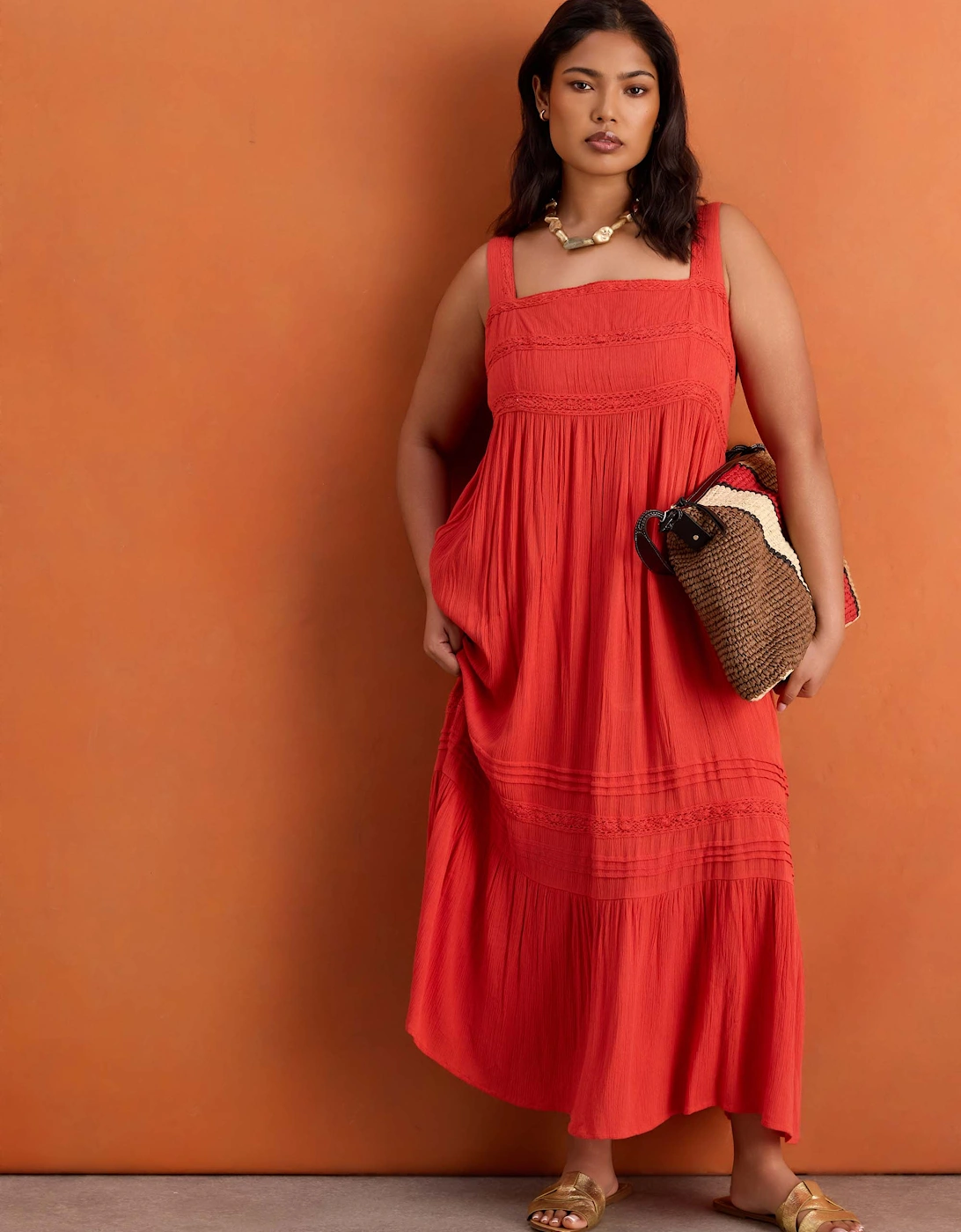 Red Crinkle Pintuck Lace Trim Midaxi Dress