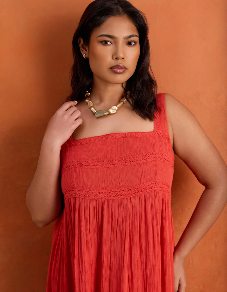 Red Crinkle Pintuck Lace Trim Midaxi Dress