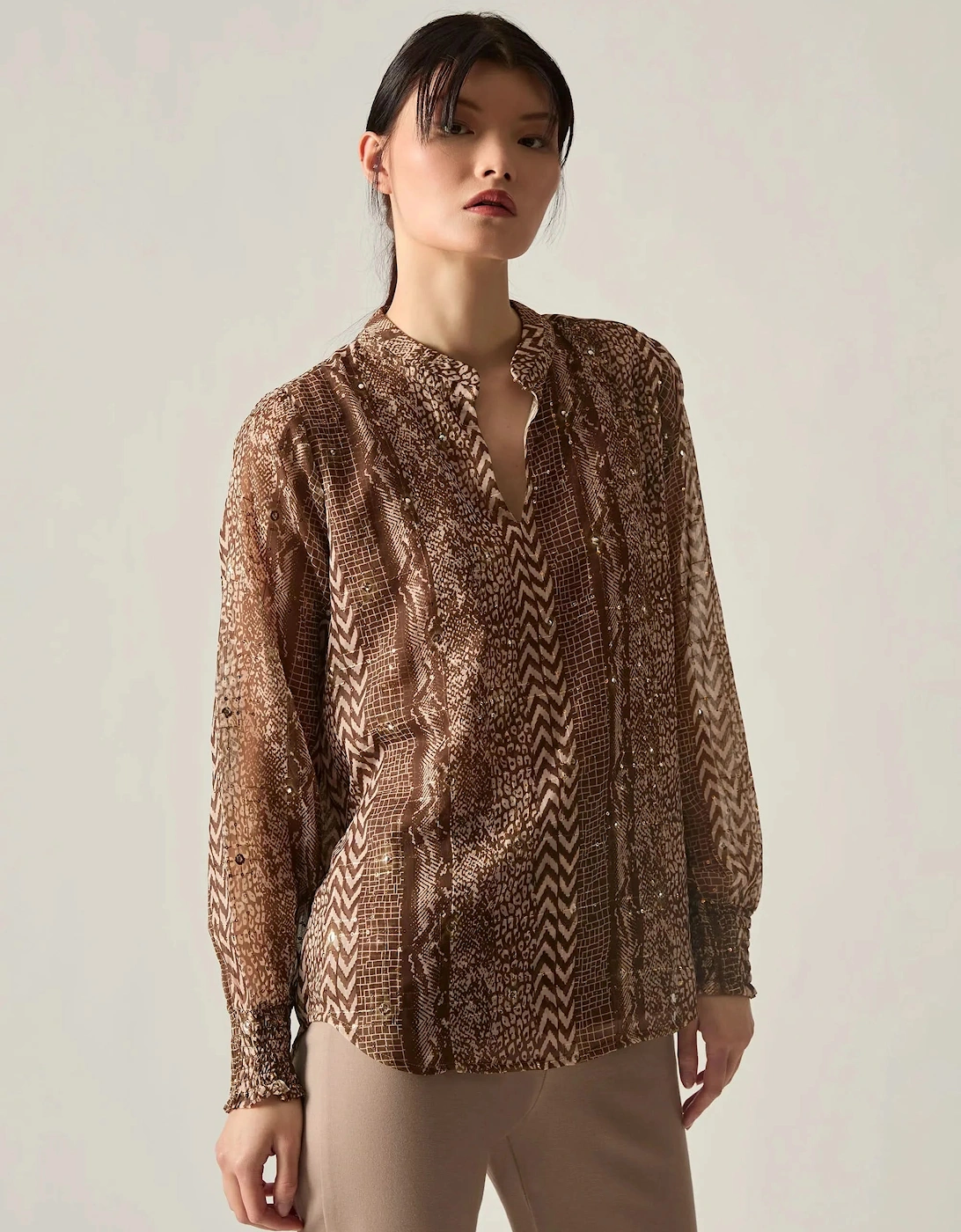 James Lakeland Women's Sequin Animal Print Blouse - Brown - Size: 16