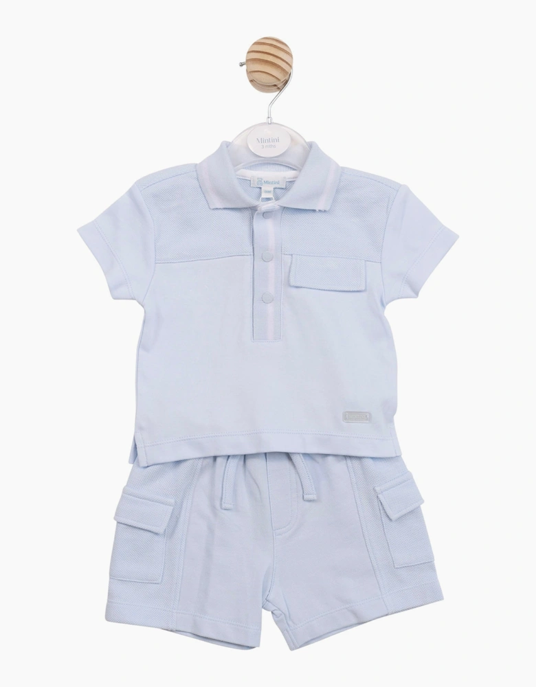 Boys Pale Blue Waffle Polo Short Set