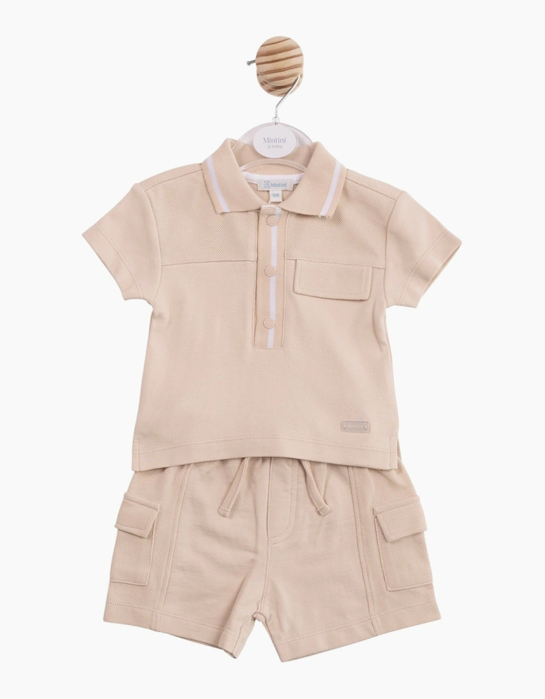 Boys Beige Waffle Polo Short Set