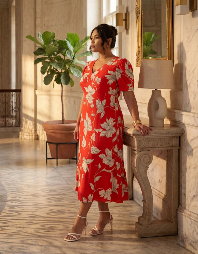 Petite Red Floral V-Neck Puff Sleeve Midi Dress