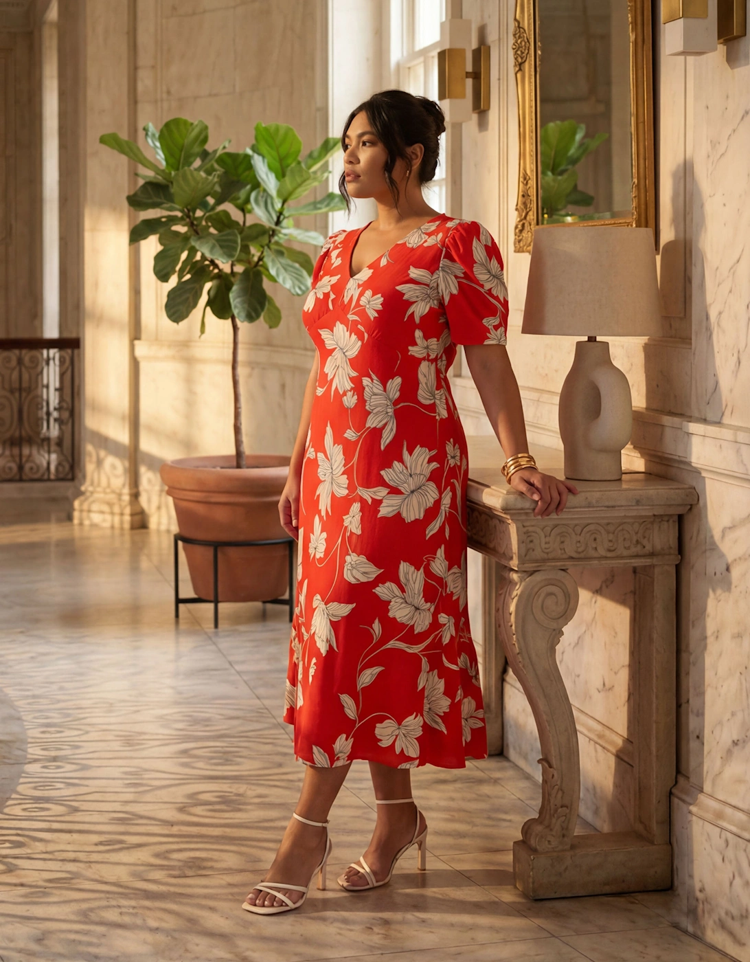 Petite Red Floral V-Neck Puff Sleeve Midi Dress