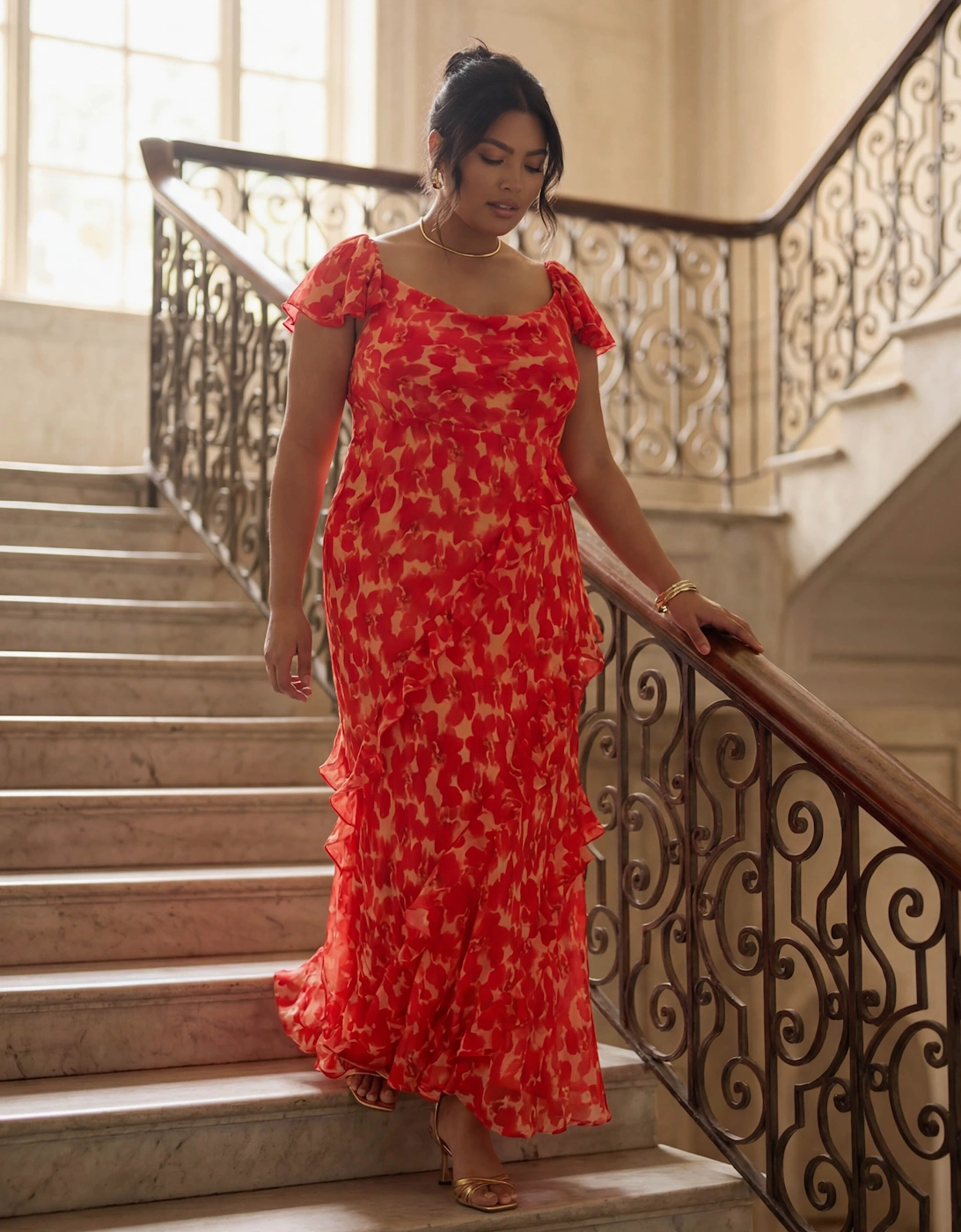 Red Floral Ruffle Sleeve Maxi Dress