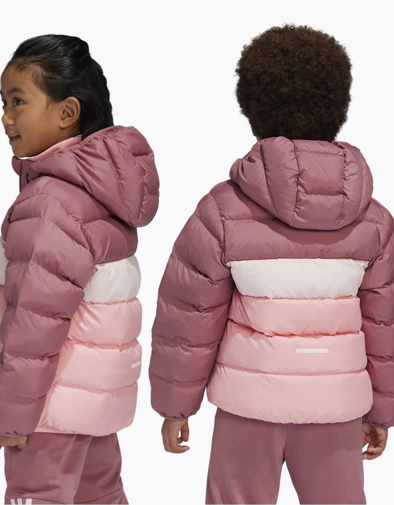 Color Block Hooded Ribbed Cuff Puffer Jacket with Zipped Pocket