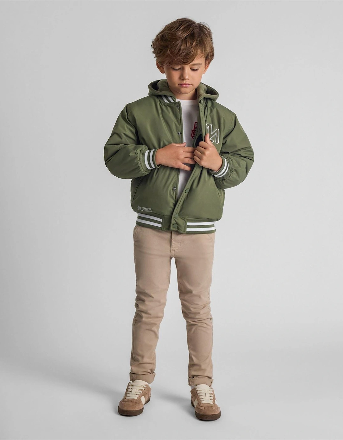 Boys Baseball Jacket Detachable Hood Embroidery Khaki