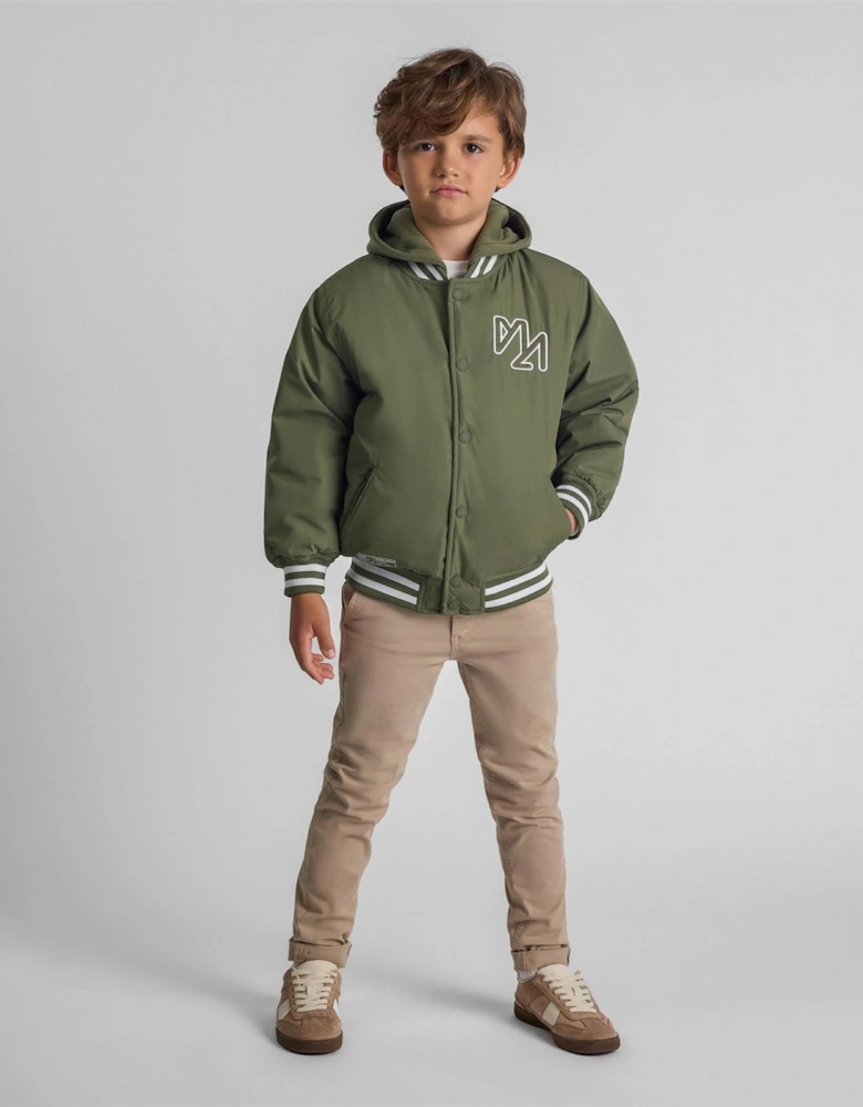 Boys Baseball Jacket Detachable Hood Embroidery Khaki