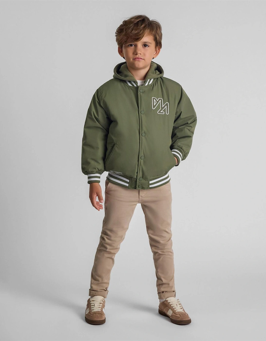Boys Baseball Jacket Detachable Hood Embroidery Khaki