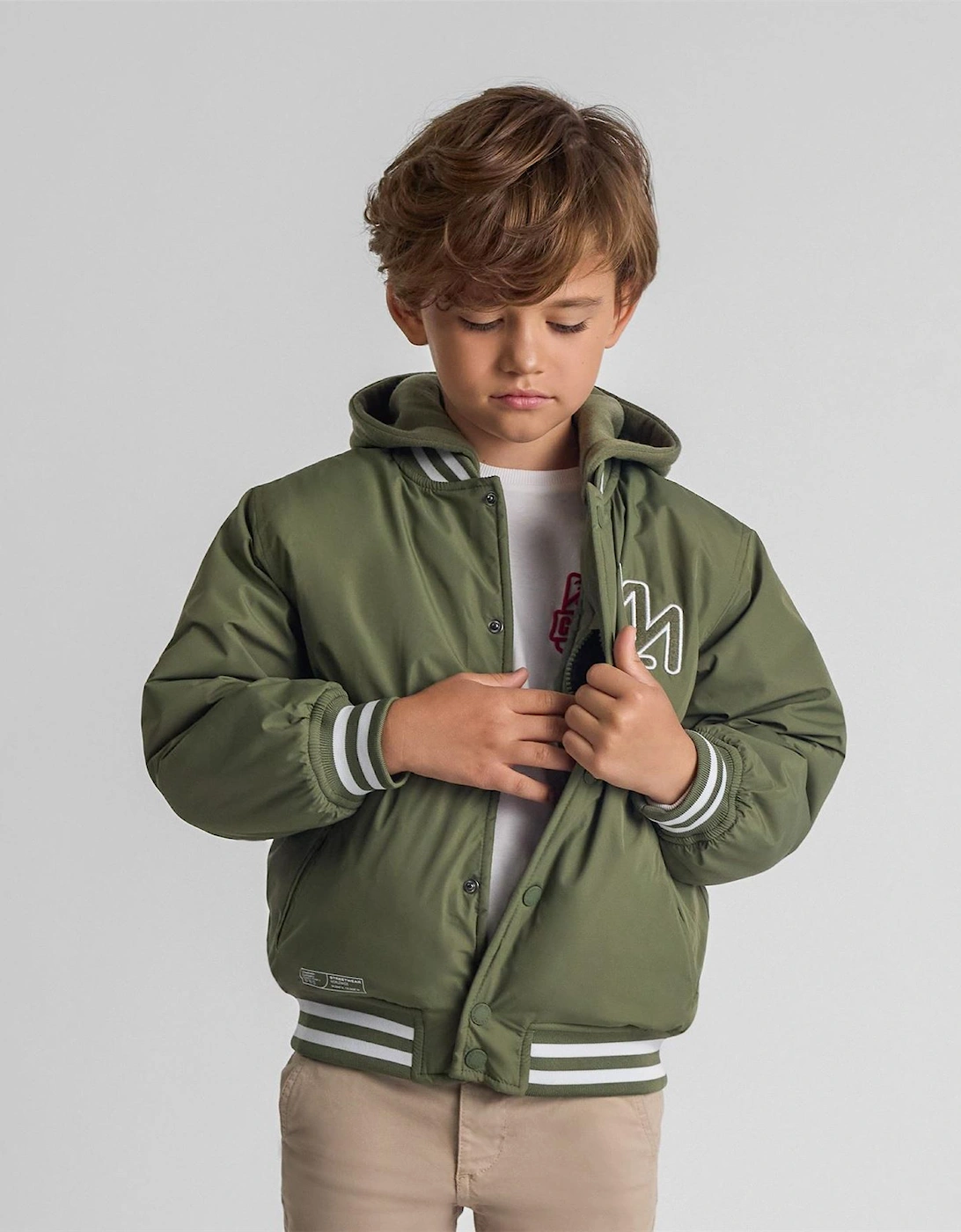 Boys Baseball Jacket Detachable Hood Embroidery Khaki