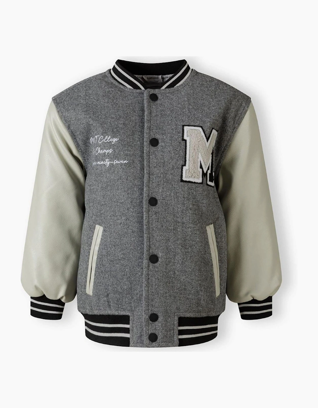 Minoti Boys Grey  Varsity Jacket With Snap Buttons And Pu Sleeves - Size 9 Years/10 Years Kids