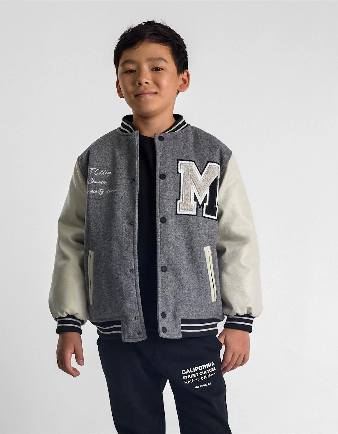 Varsity Jacket With Snap Buttons And Pu Sleeves