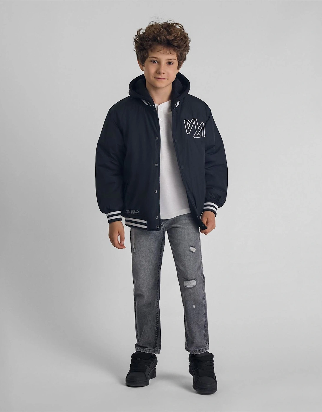 Boys Baseball Style Jacket Detachable Hood Black
