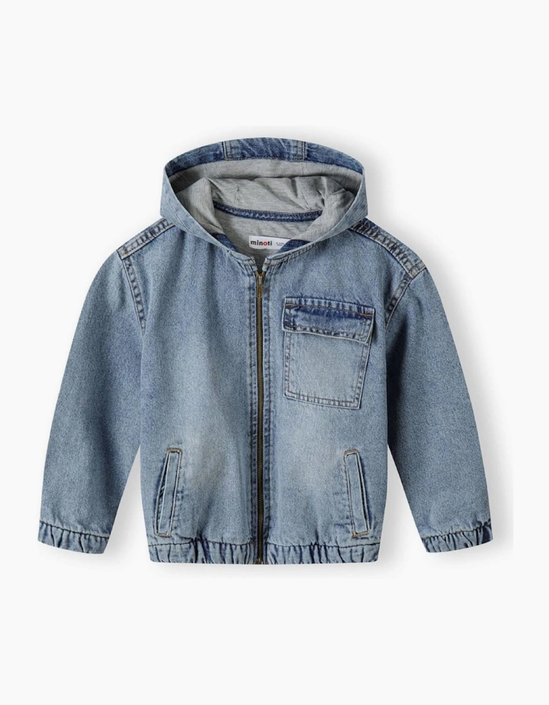 Boys Denim Jacket With Fixed Hood Zip Fastening Navy