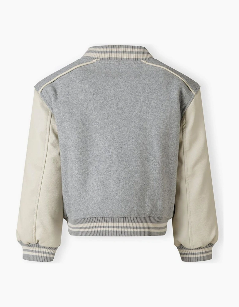 Girls Baseball Style Jacket With Faux Leather Sleeves Grey