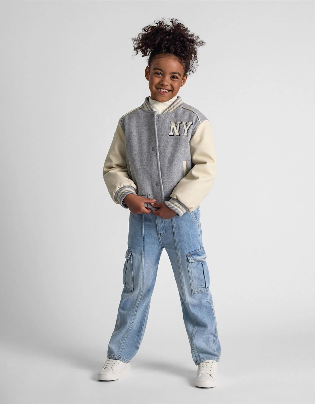 Girls Baseball Style Jacket With Faux Leather Sleeves Grey