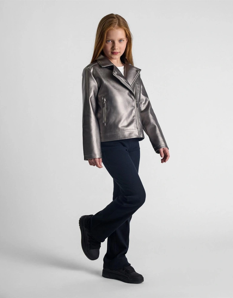 Solid Patterned Asymmetric Zipper Lapel Collared Bike Jacket