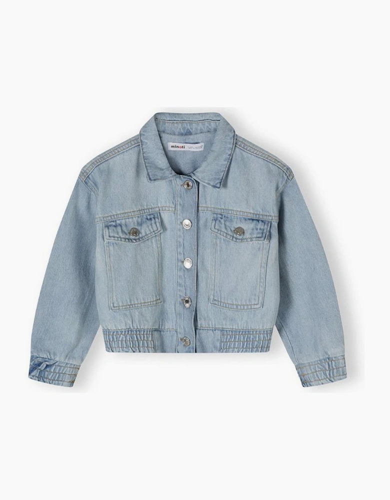 Girls Cropped Soft Denim Bomber Jacket Light Blue