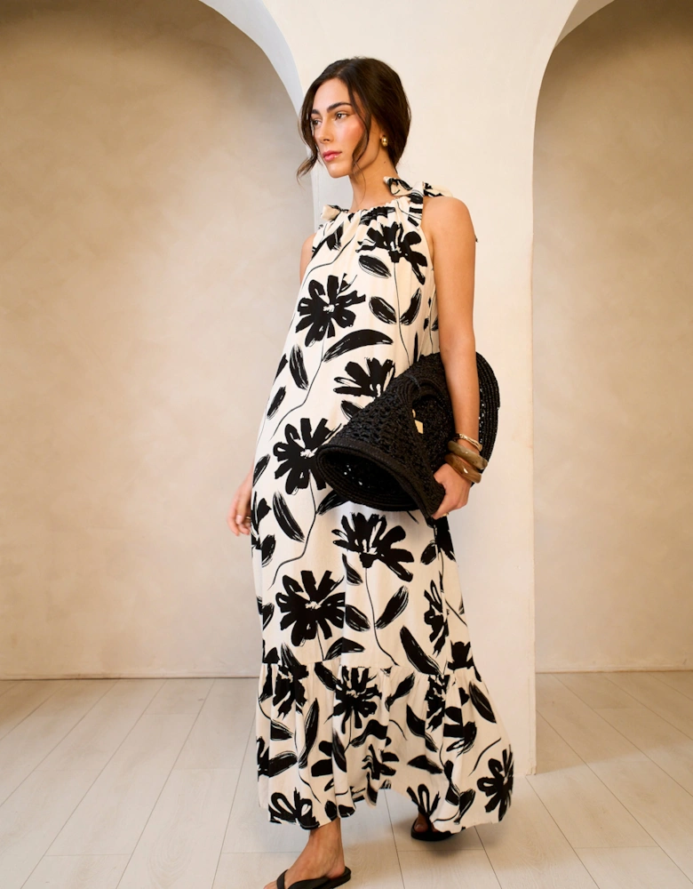 Mono Floral Print Tie-Shoulder Belted Trapeze Dress