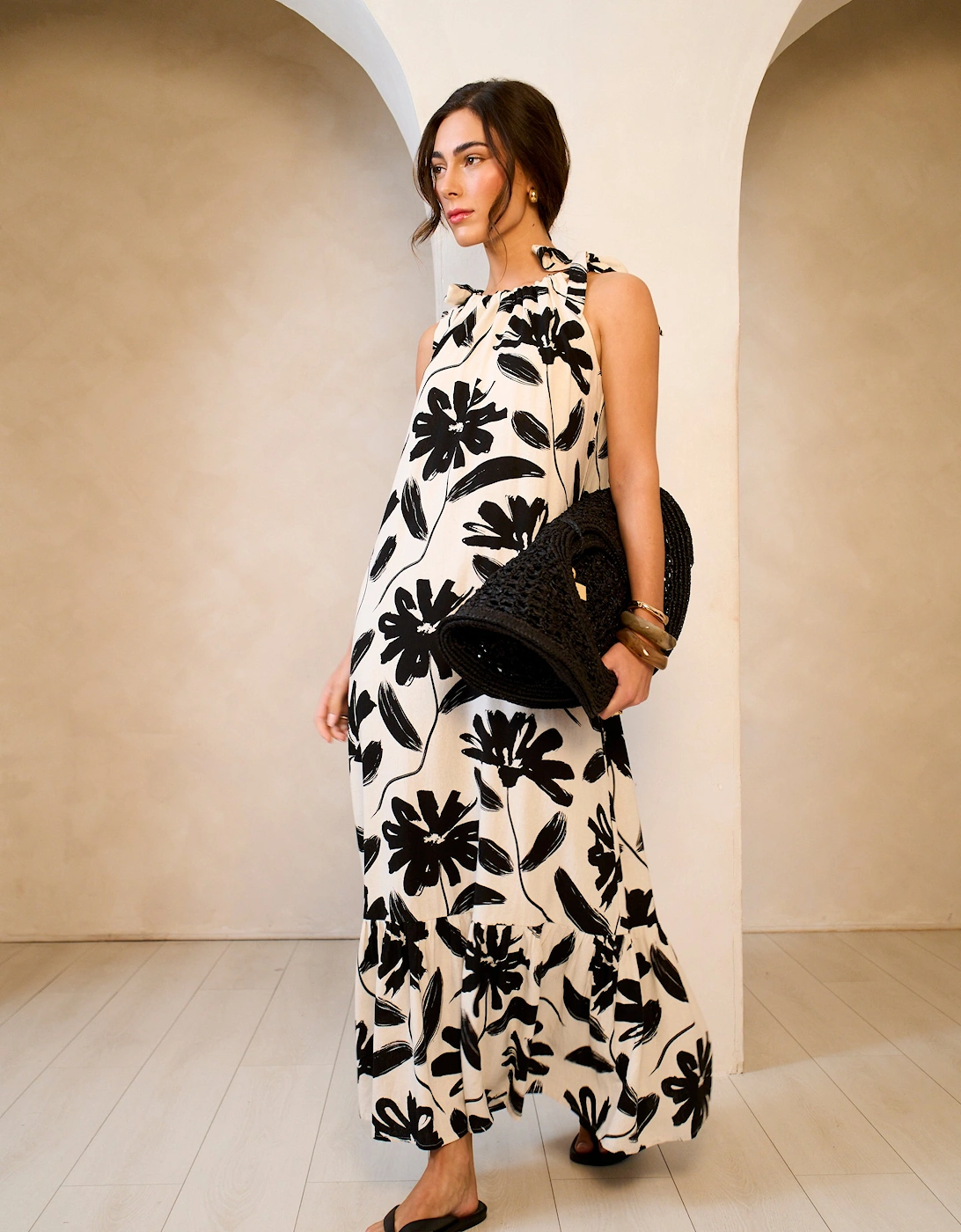 Mono Floral Print Tie-Shoulder Belted Trapeze Dress