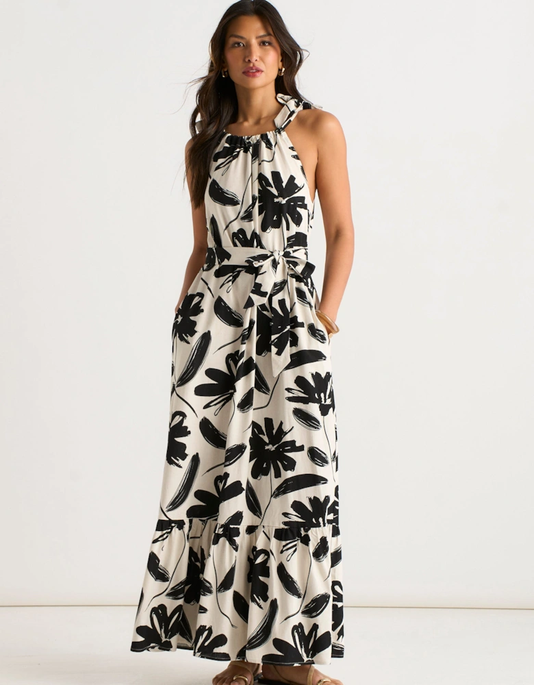 Mono Floral Print Tie-Shoulder Belted Trapeze Dress