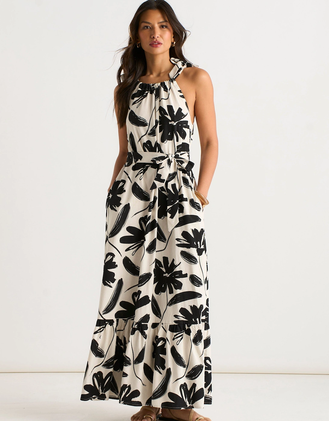 Mono Floral Print Tie-Shoulder Belted Trapeze Dress