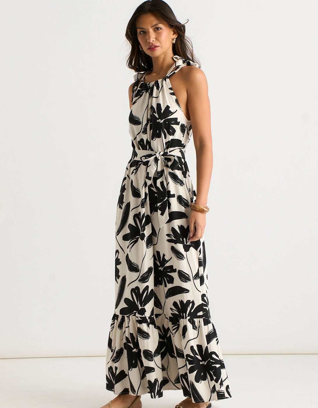 Mono Floral Print Tie-Shoulder Belted Trapeze Dress