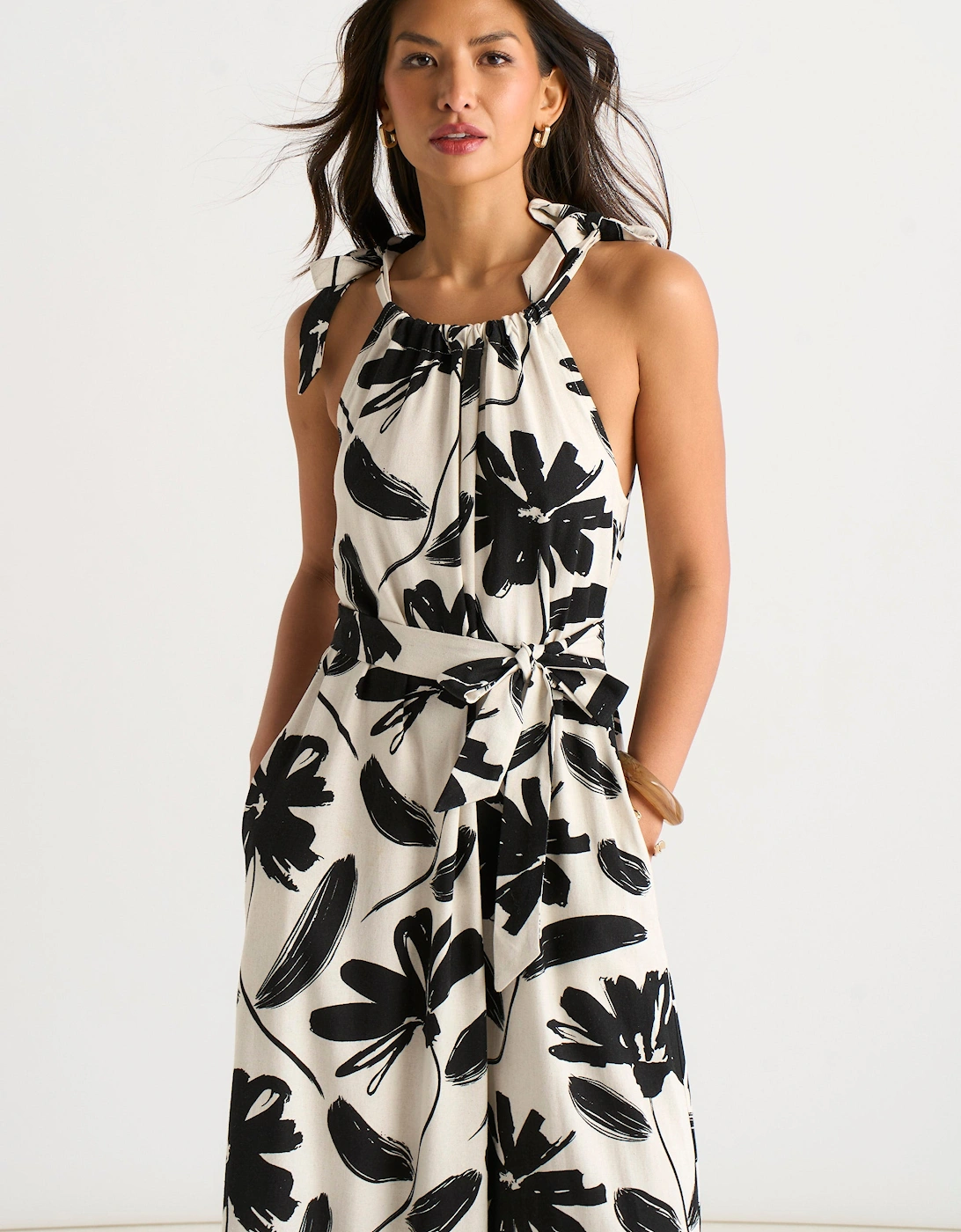 Mono Floral Print Tie-Shoulder Belted Trapeze Dress