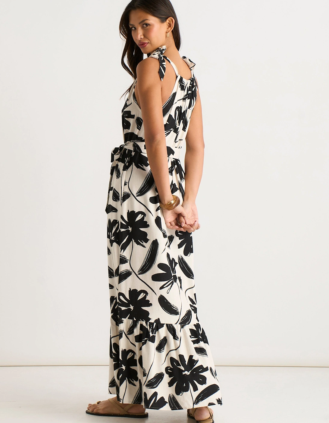 Mono Floral Print Tie-Shoulder Belted Trapeze Dress