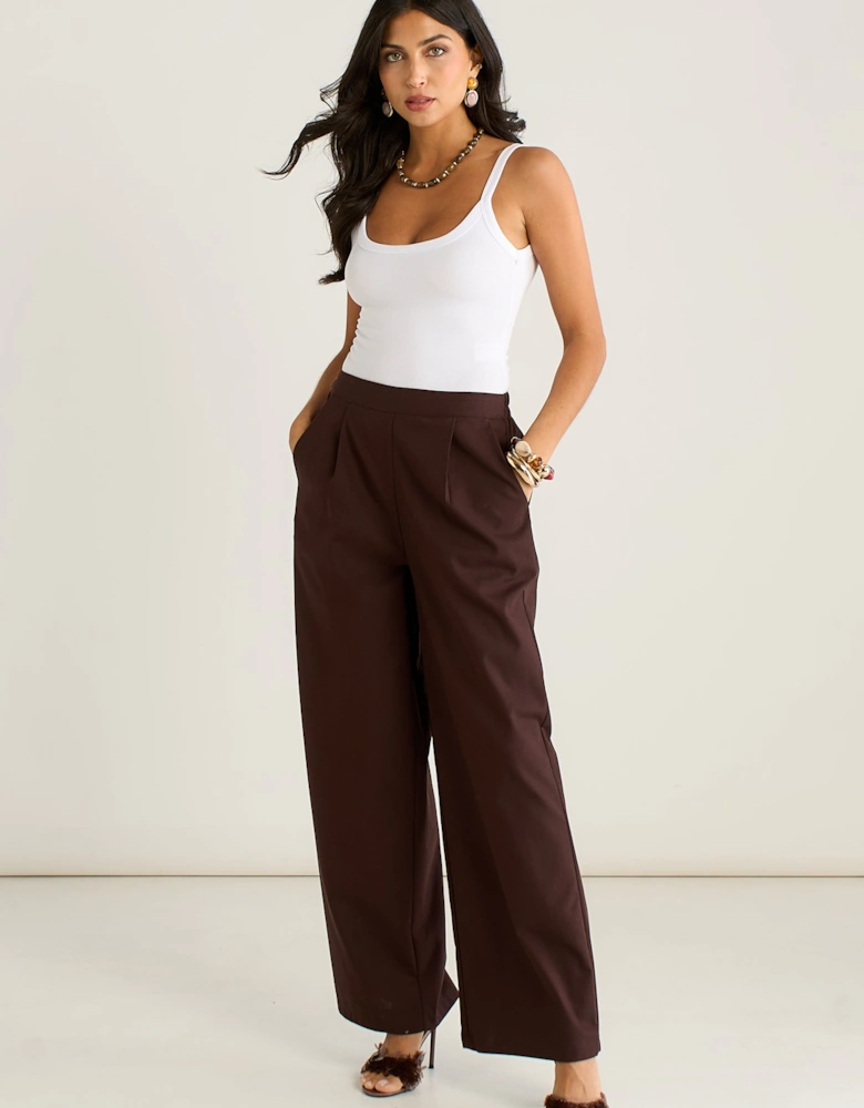 Brown Cotton and Linen Blend Wide Leg Trouser