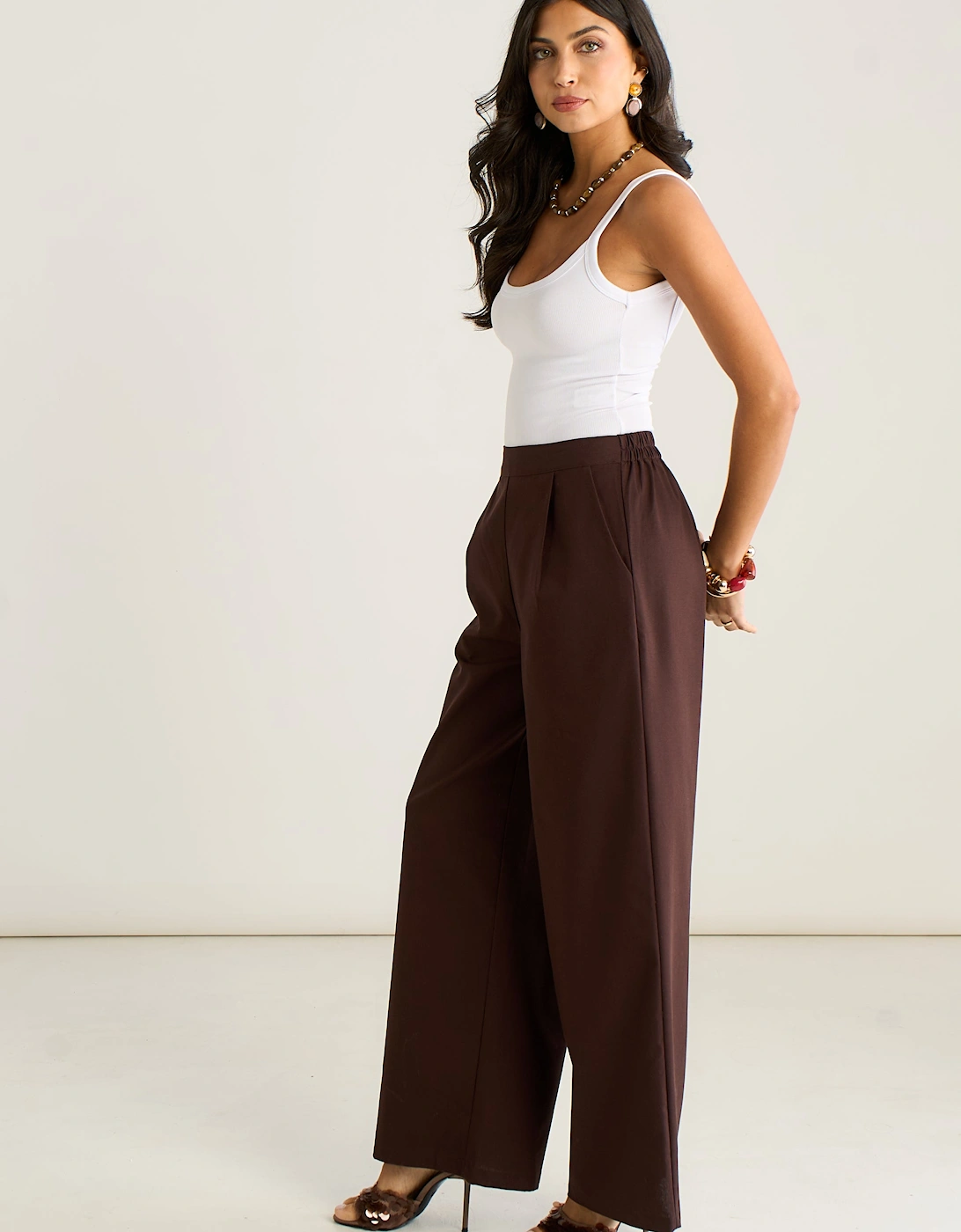 Brown Cotton and Linen Blend Wide Leg Trouser