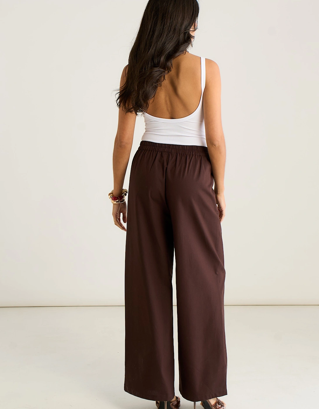 Brown Cotton and Linen Blend Wide Leg Trouser