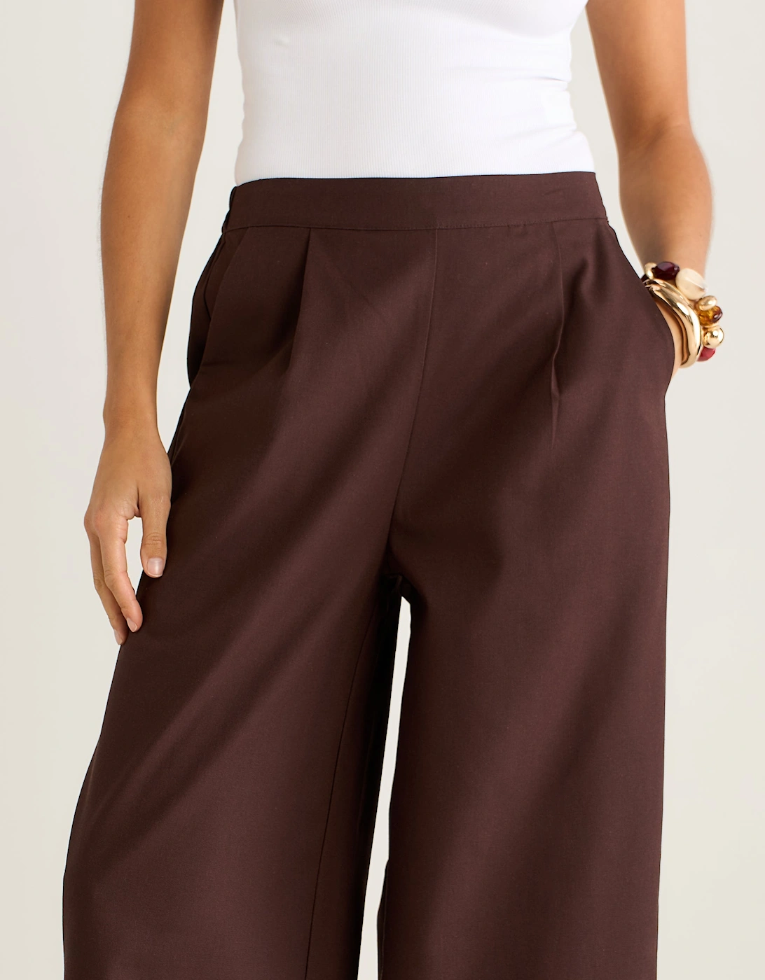 Brown Cotton and Linen Blend Wide Leg Trouser