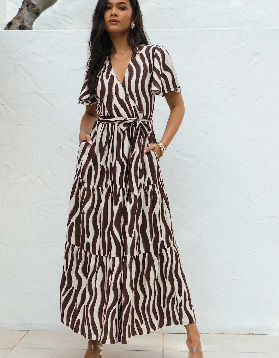 Gini London Women's Chocolate Zebra Print Wrap Midi Dress - Size 16