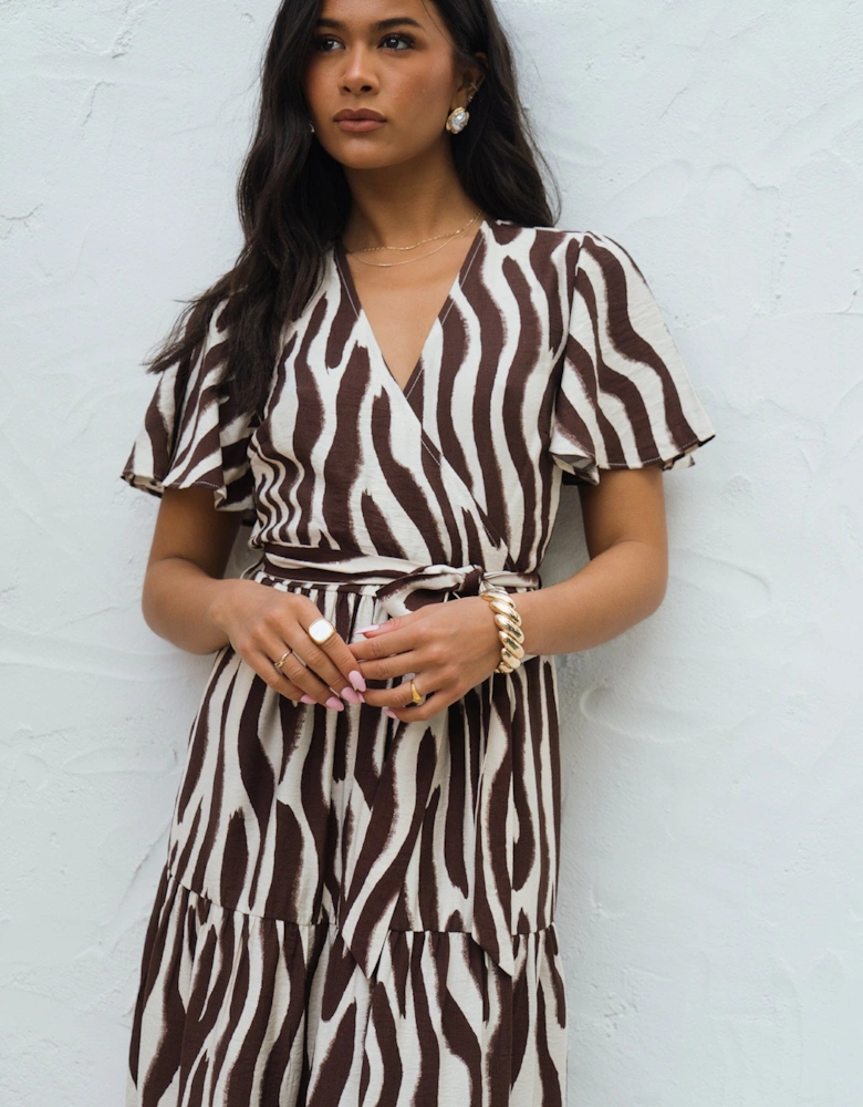 Chocolate Zebra Print Wrap Midi Dress
